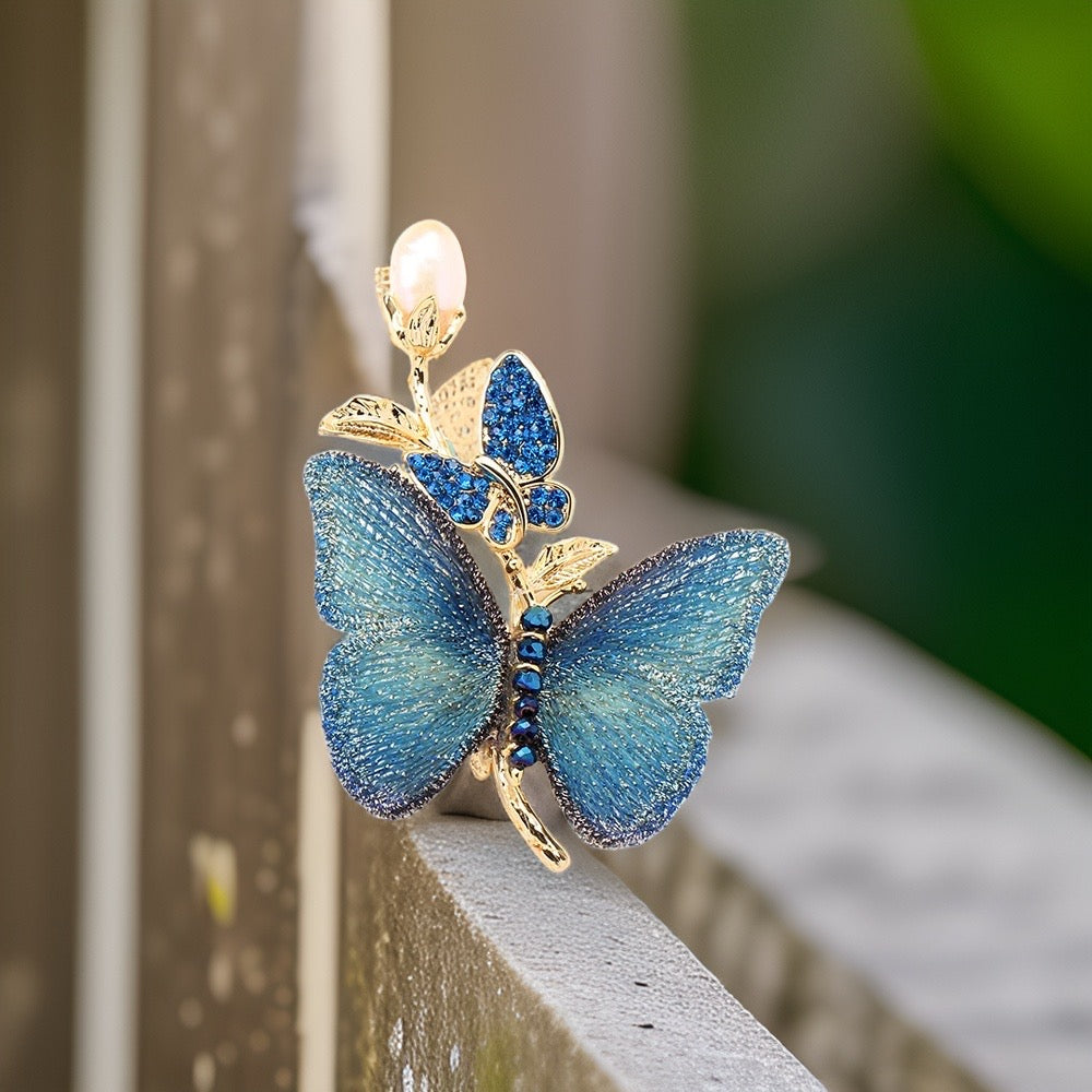 Embroidered Butterfly Brooch with Pearls and Crystals