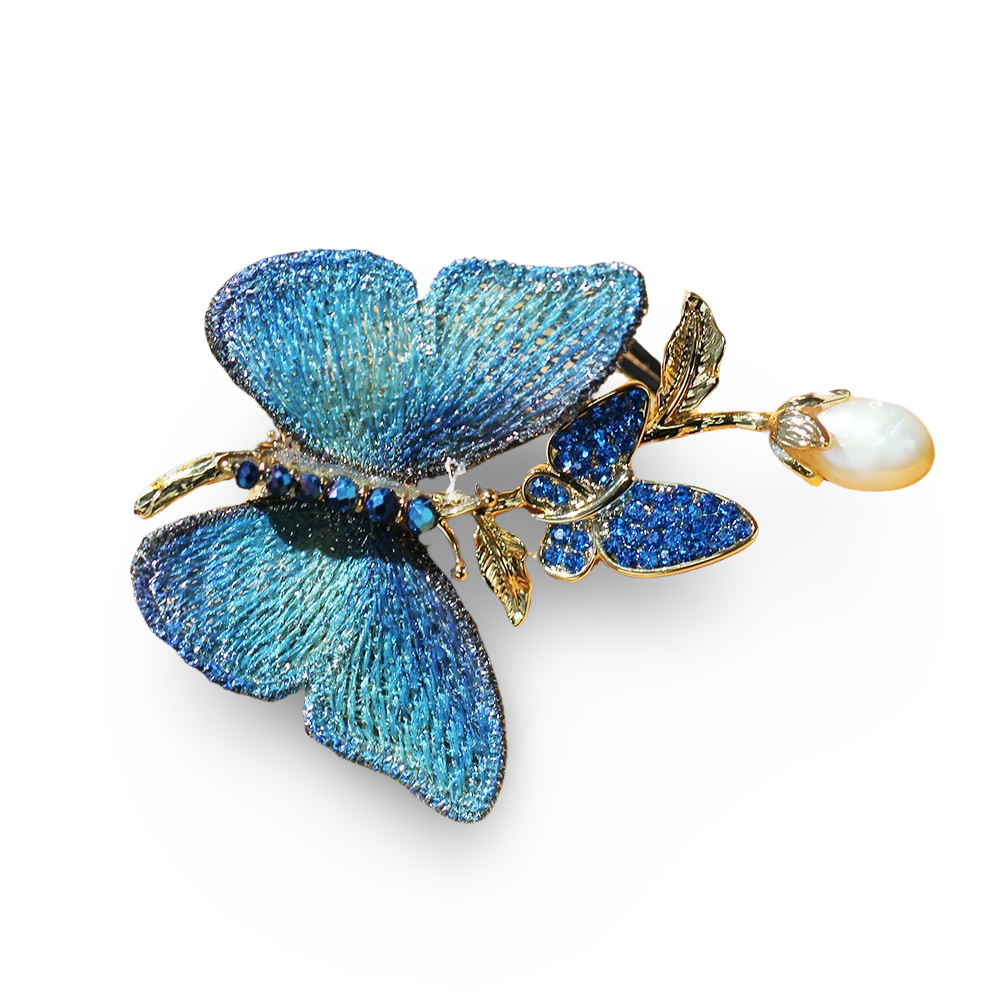 Embroidered Butterfly Brooch with Pearls and Crystals