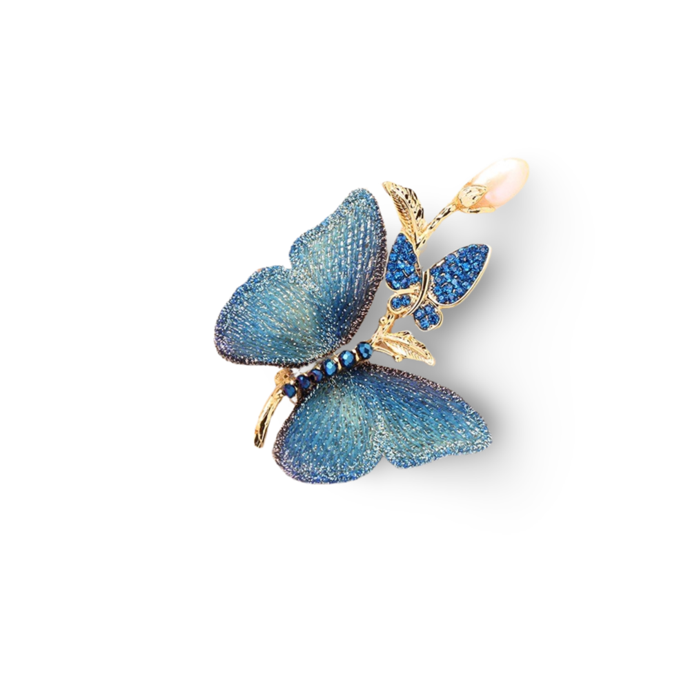 Embroidered Butterfly Brooch with Pearls and Crystals