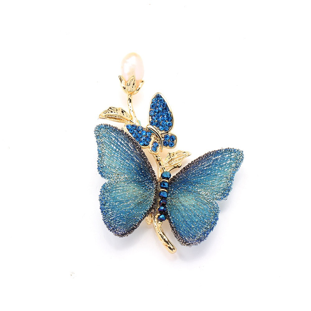 Embroidered Butterfly Brooch with Pearls and Crystals