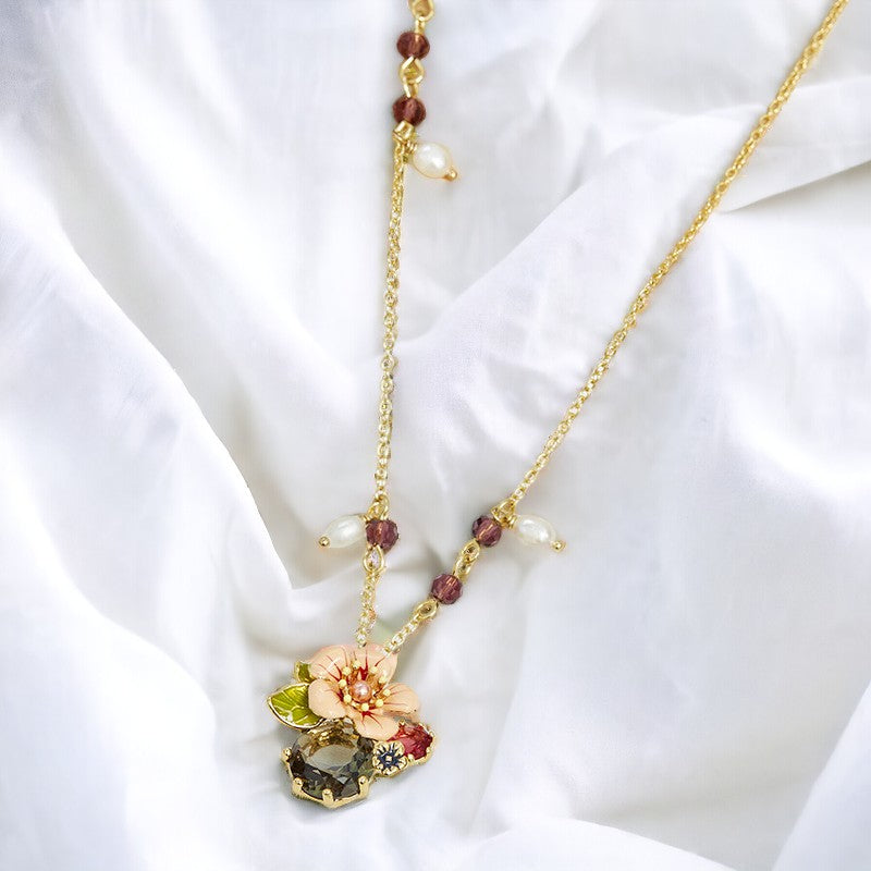 Enamel Cherry Blossom Flower Crystal Necklace